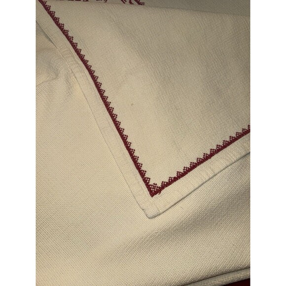 Vintage Christmas Tablecloth Nordic Red Cross Stitch 116x65” Cream Holiday Folk - Picture 6 of 16